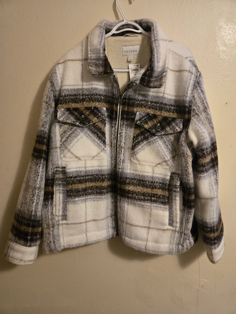 Sun & Stone Plaid Zip-Front Shacket in Cream, Gray & Brown Xl